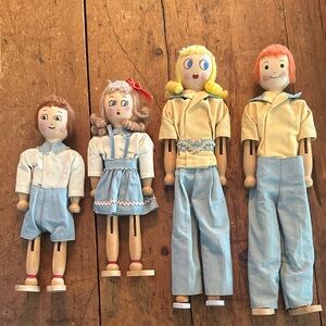 Vintage Wooden Doll Set with Blue and Yellow Outfits